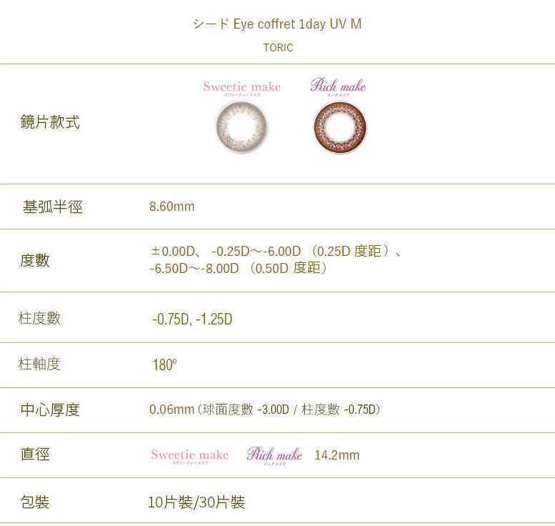 SEED 散光隱形眼鏡 Eye Coffret 1day UV M TORIC - Rich Make (30片) 近視用